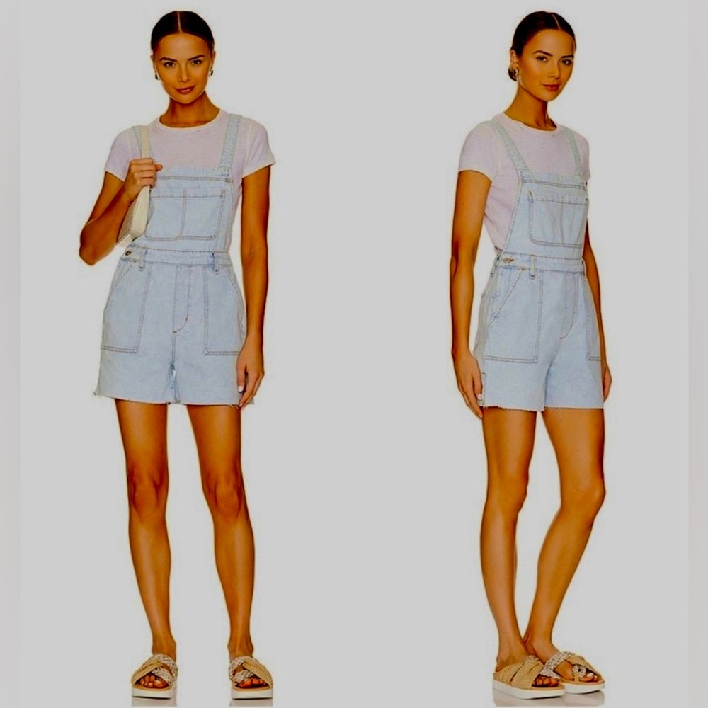 WeWoreWhat Light Wash Denim Slit Hem Raw Edge Overalls Shorts - Size Large